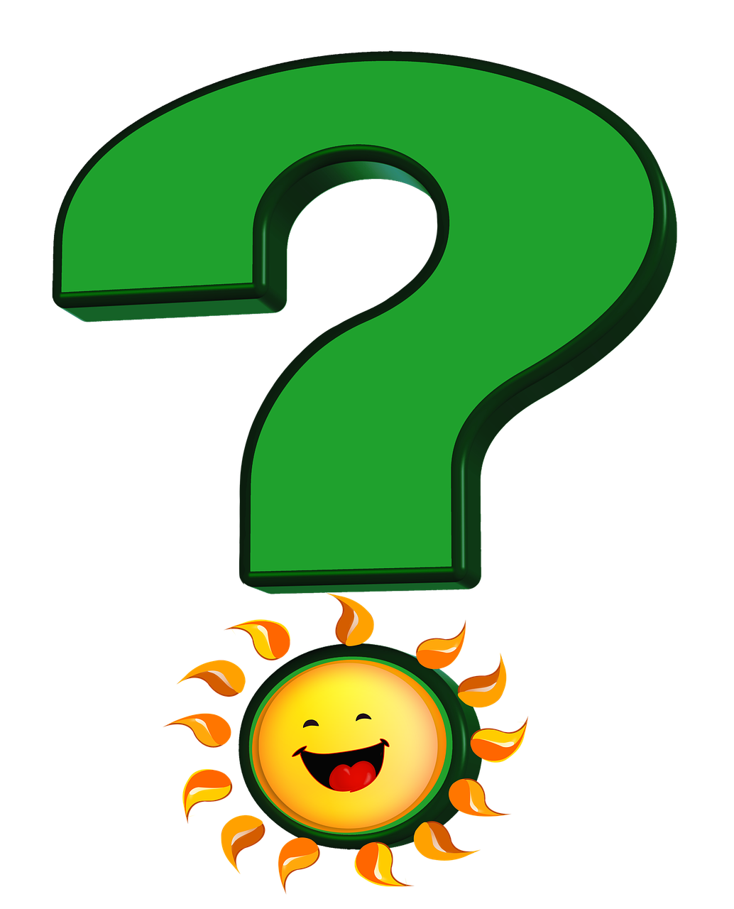 A green question mark with the sun image at the base.