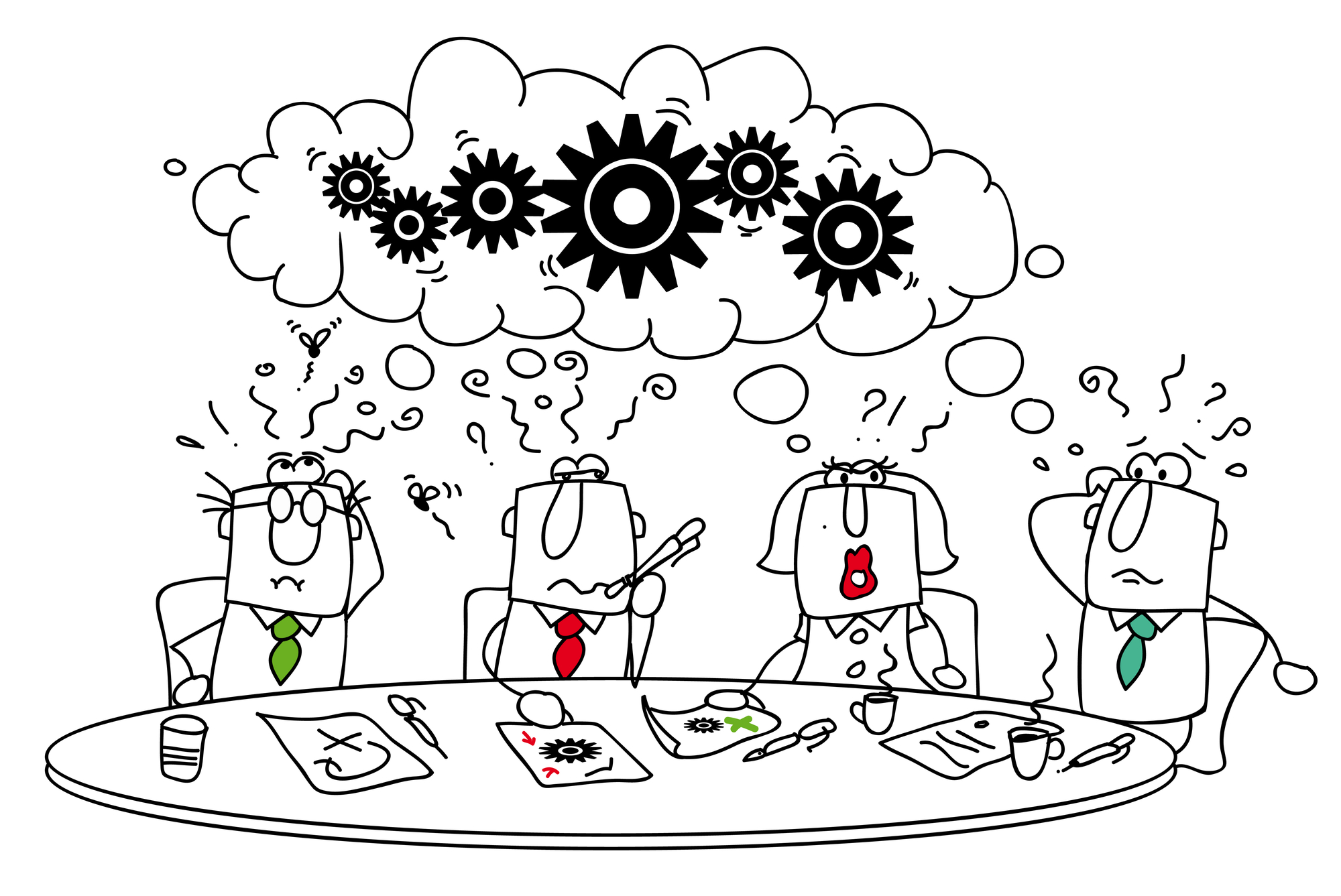 A cartoon of three people brainstorming with a cloud of spinning cogs above them.