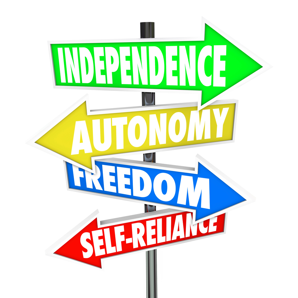 Signpost with the arrows pointing to independence, autonomy, freedom, self-reliance.