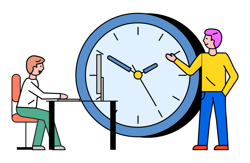 Drawing of two people with a clock. One is at a desk and the other is pointing to the clock.