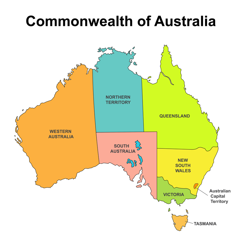 Map of Australia showing all states and territories in different colours.
