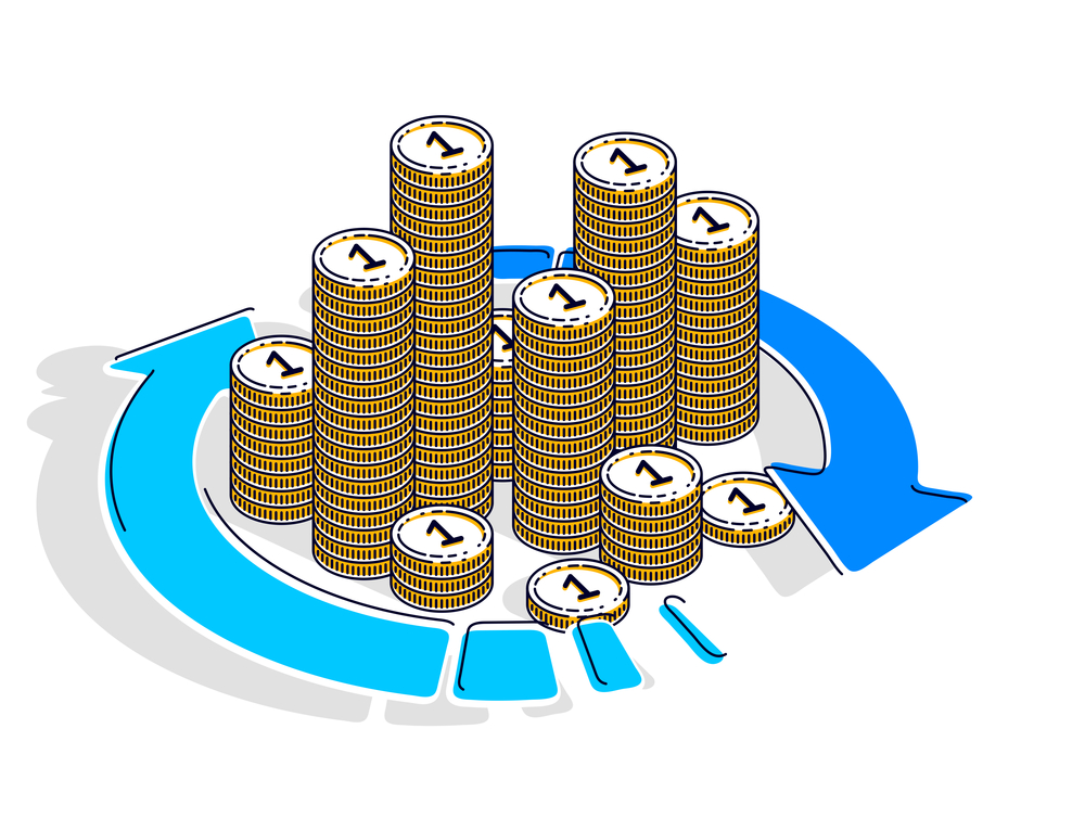 A series of coins are surrounded by a blue arrow.