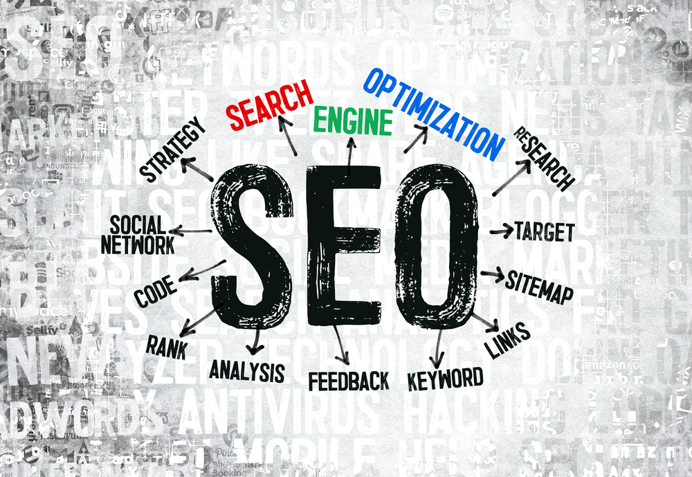 The letters, SEO, are in the middle of a circle of words such as search, engine and optimisation.