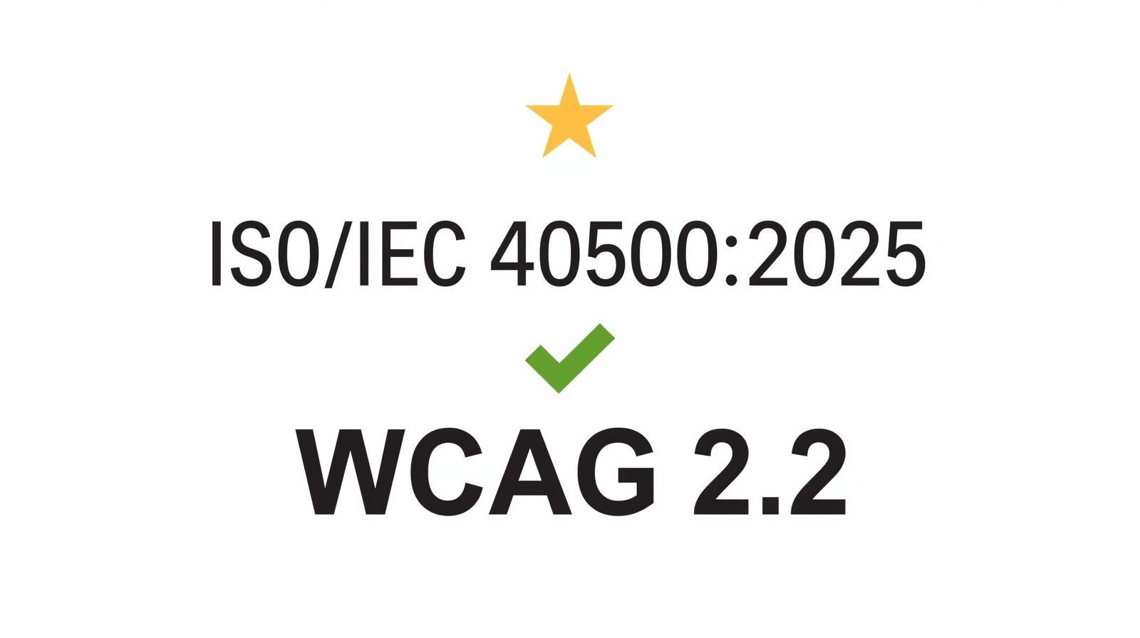 Sign with ISO/IEC 40500:2025 and WCAG 2.2 in centre.  A gold star is above the words.  A Green tick in the middle.