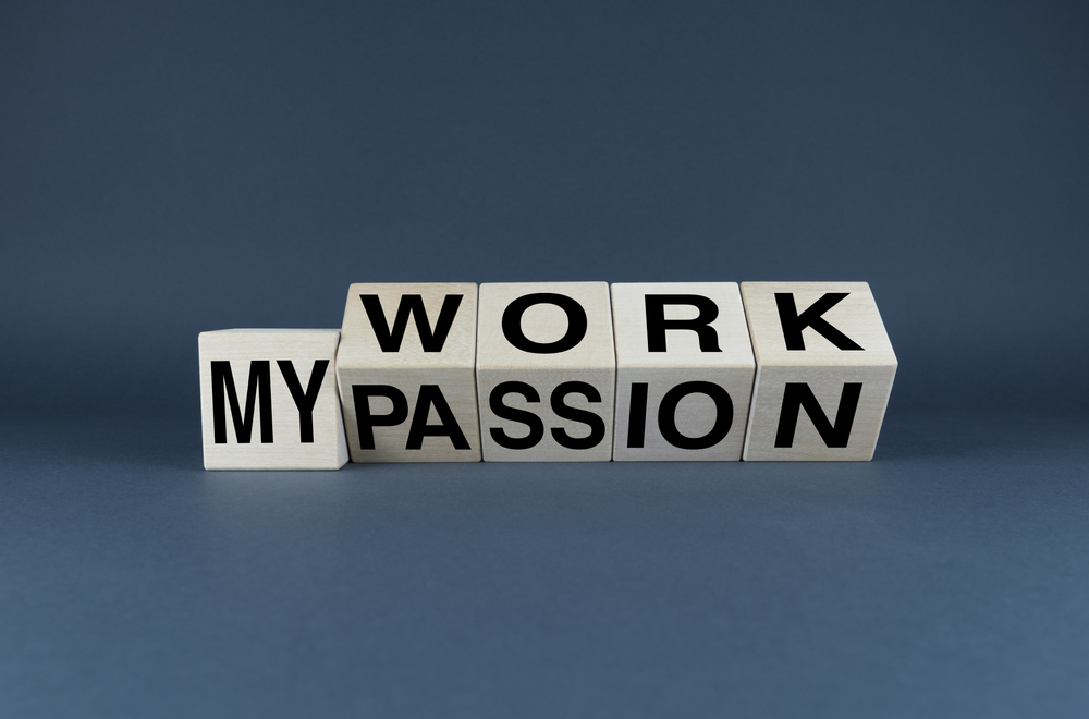 Five cubes spell out three words.  The first cube says My.  The rest spell out the words, work and passion.  These cubes are being turned over so that Work and passion can both be seen. Our passion is digital accessibility.