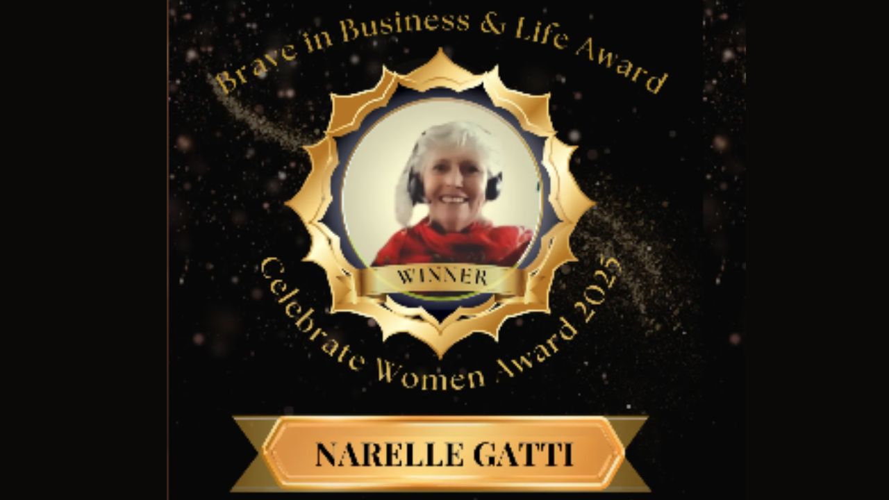 A photo of Narelle is in the middle of a gold circle. Above are the words, Brave in Business and Life. Below is the words, Celebrate Womens' Awards.