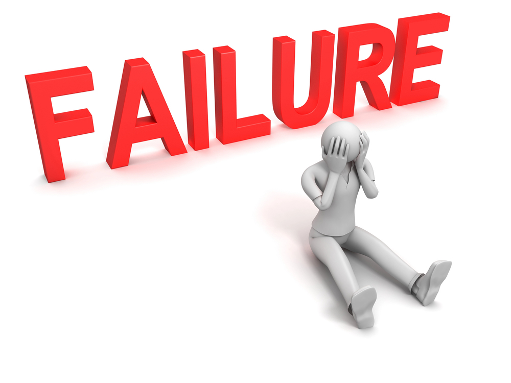 Failure sign with a 3d image of a person sitting on the floor holding their head