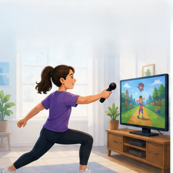 Person with disability participating in a motion-controlled video game, standing and moving naturally. C