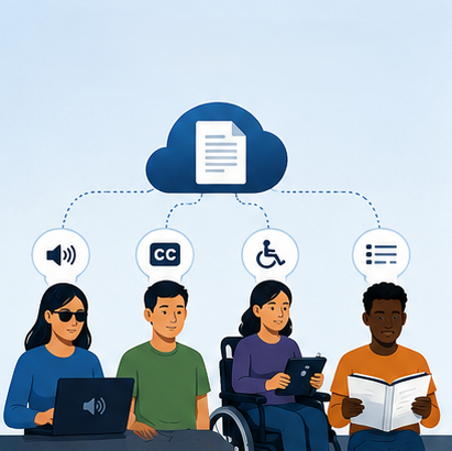 Four people access the same information using different methods, including a screen reader, captions, adaptive technology and simplified content, showing that accessibility needs vary between individuals.