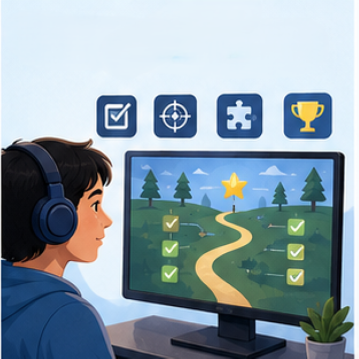 A gamer focused on a screen displaying clear objectives, organised pathways, and predictable game elements.