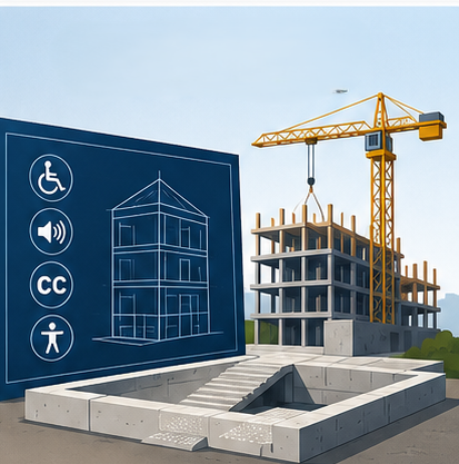 A building is constructed from a blueprint that includes accessibility features within its foundation, symbolising inclusive design being built in from the start.