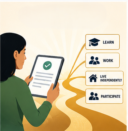 A person independently accesses information on a digital device while multiple pathways branch ahead, representing informed decision-making, choice, control and participation.