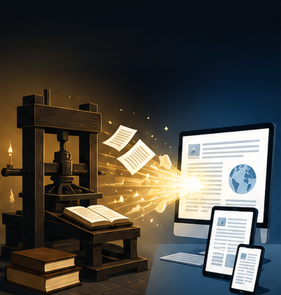A traditional printing press transforms into modern digital devices as books and printed pages become digital information, with light spreading outward to represent the sharing of knowledge.