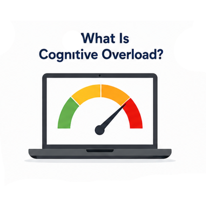 Laptop displaying a system overload gauge in the red zone, representing the brain becoming overwhelmed by too much information.