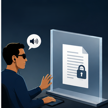 A person using assistive technology reaches toward an important document displayed behind a transparent barrier, illustrating inaccessible information and restricted access.