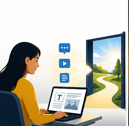 A lady is using a laptop and the information is accessible. A door is in front of the computer and leads to a peaceful park scene.