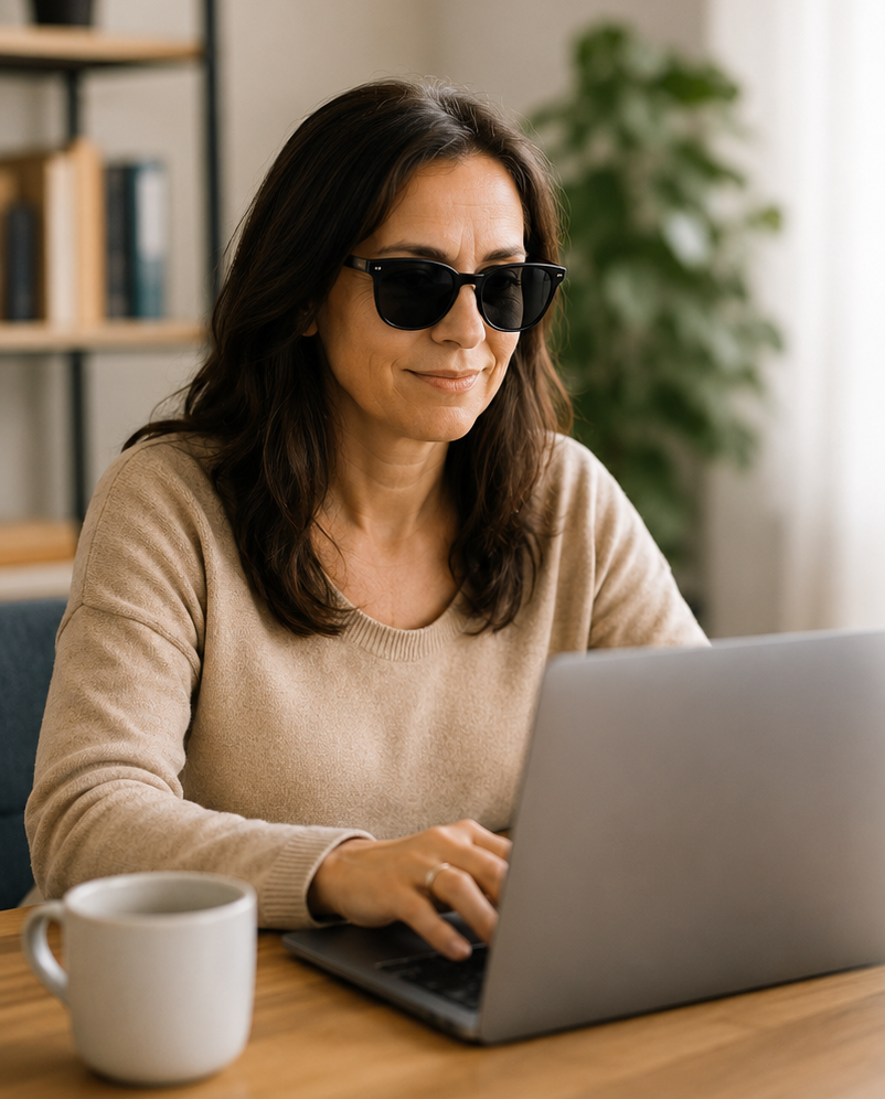 Woman sitting calmly at a computer using a website with confidence, illustrating how accessible and usable digital design enables people to complete tasks independently.