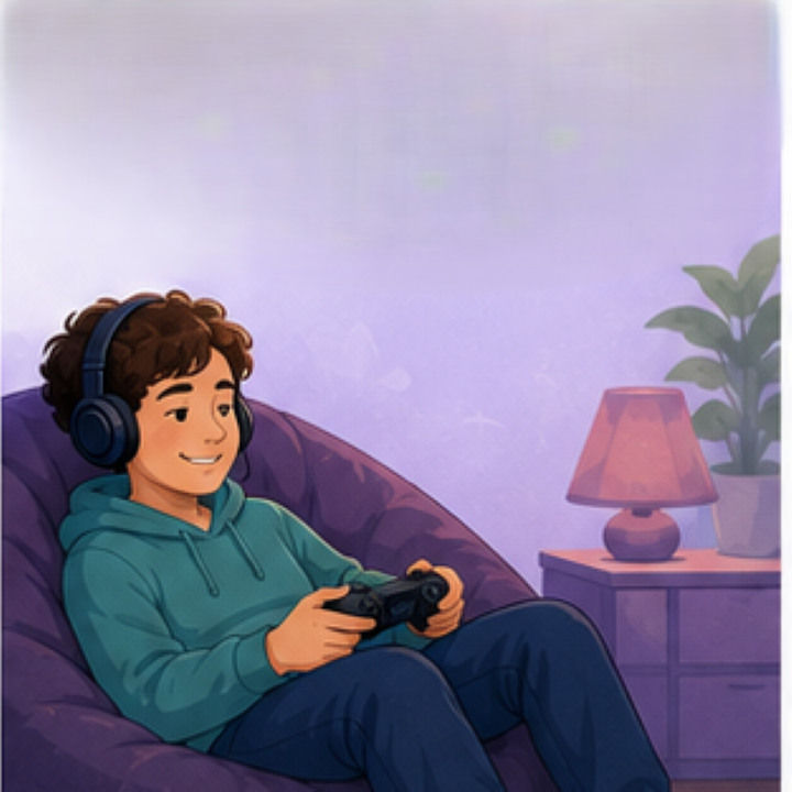 Individual relaxing while playing a favourite game in a comfortable environment.