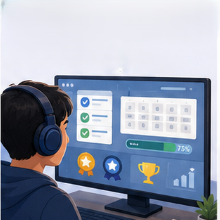 Computer game interface showing goals, progress tracking, checklists, and achievements while a player focuses on completing tasks.