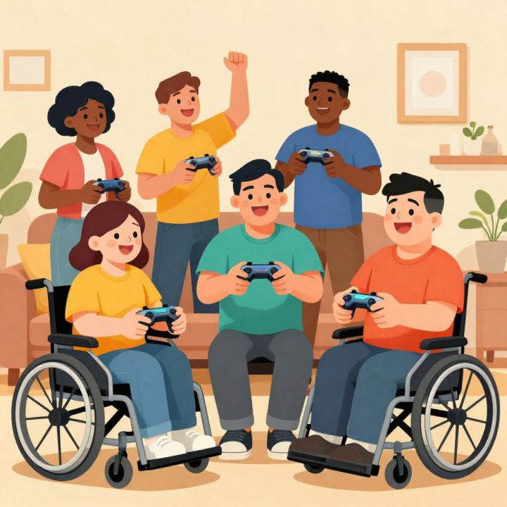 Diverse people with disabilities participating confidently in gaming and digital life. 