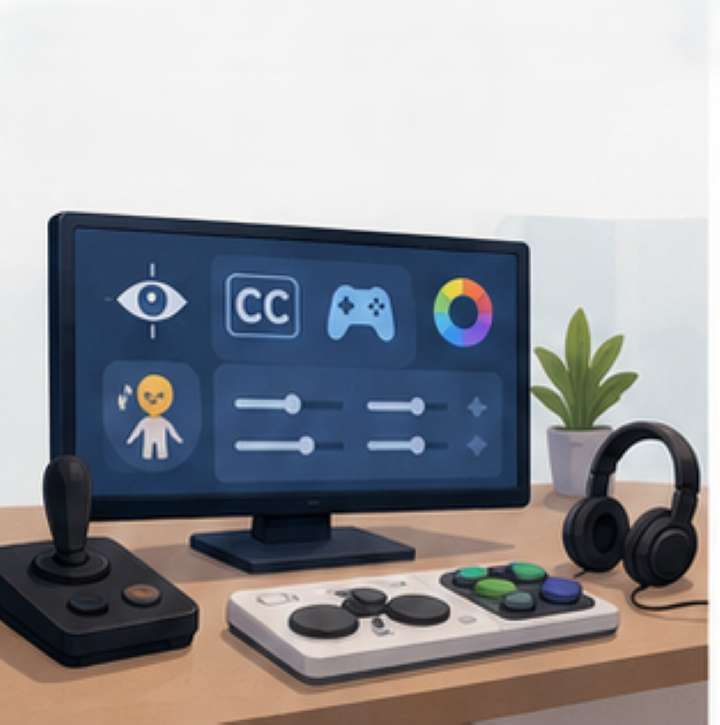 Accessible gaming setup featuring adaptive controller, captions on screen, adjustable settings, and inclusive design. 
