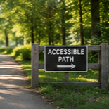 Green accessible pathway sign pointing left beside an open gateway, representing the journey from accessibility to usability and independent access to information.