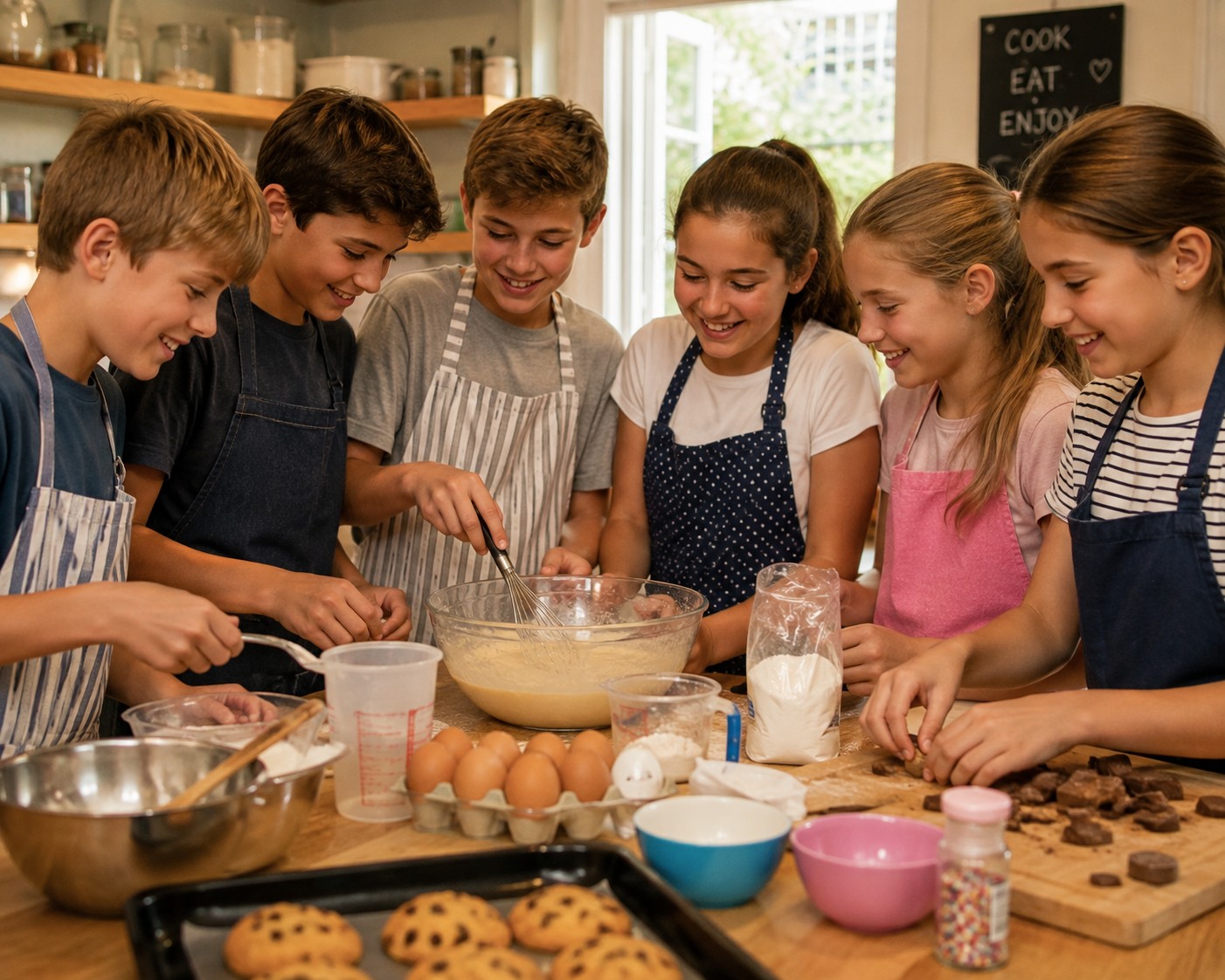 3 girls and 3 boys are cooking in a kitchen.