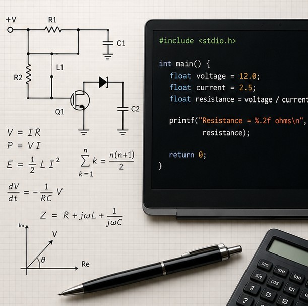 Electrical engineering symbols, equations and computer code.