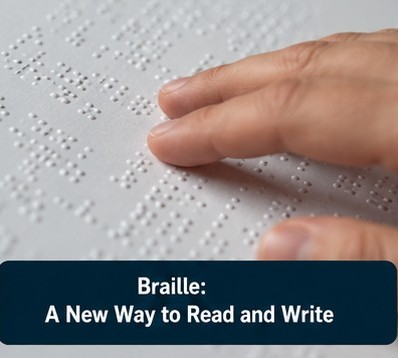 A person is reading a braille book. they are using their fingers to read the dots.