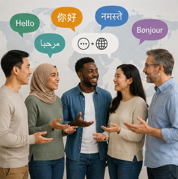 People communicating across different language barriers