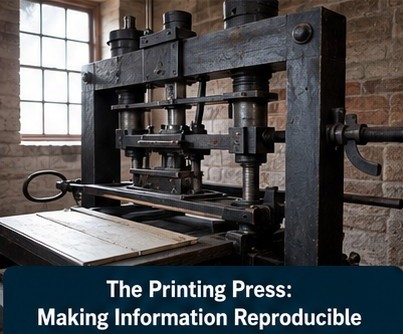 An old printing press stands in a warehouse.