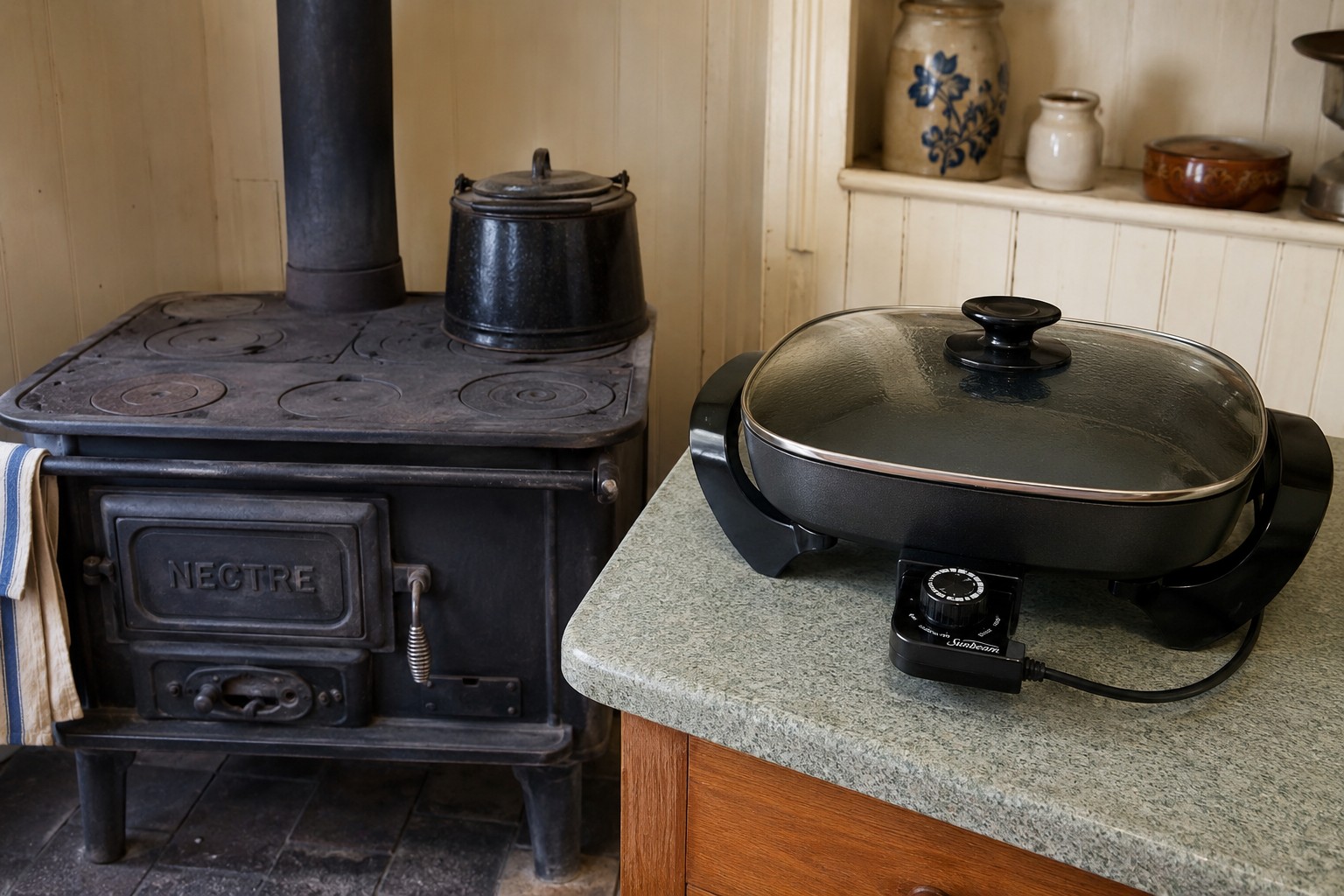 A wood stove is at the back wall and an electric frypan is on a kitchen bench.