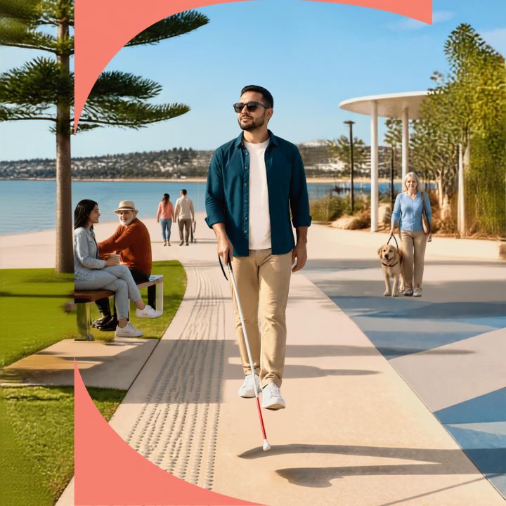 A person walking along a beach using a cane
