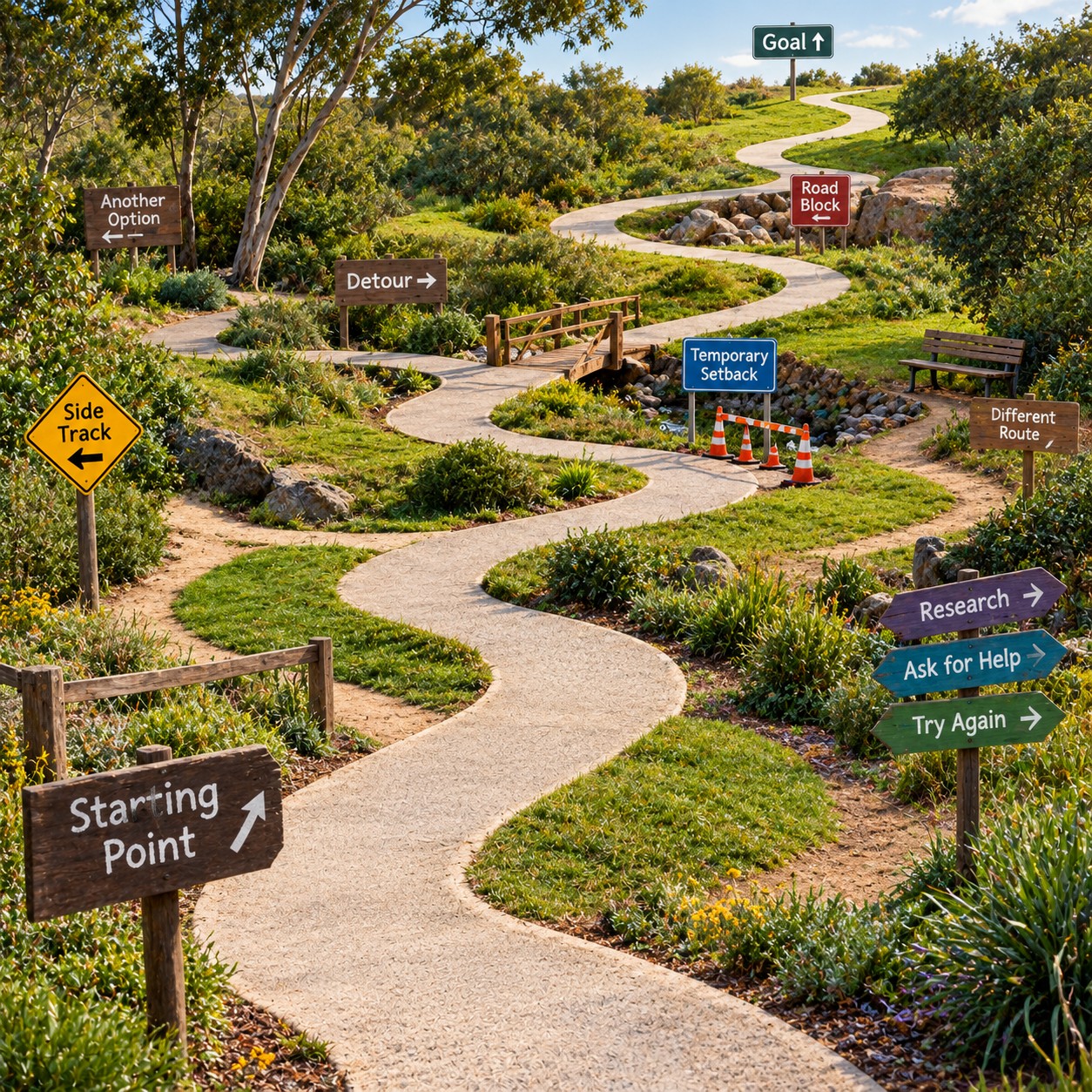 There is one bigger path with smaller paths coming off the bigger path. The paths are in a park. There are signs such as try again around the paths.
