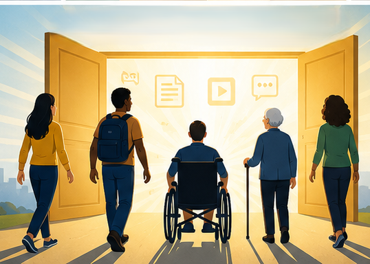 A person confidently uses a laptop while clear information flows from the screen toward an open pathway leading into the distance, symbolising independence and access to digital information.
