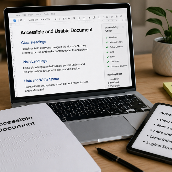 Professional looking document with accessibility icons highlighting the difference between Accessible vs Usable and the importance of creating documents that are both accessible and easy to use.