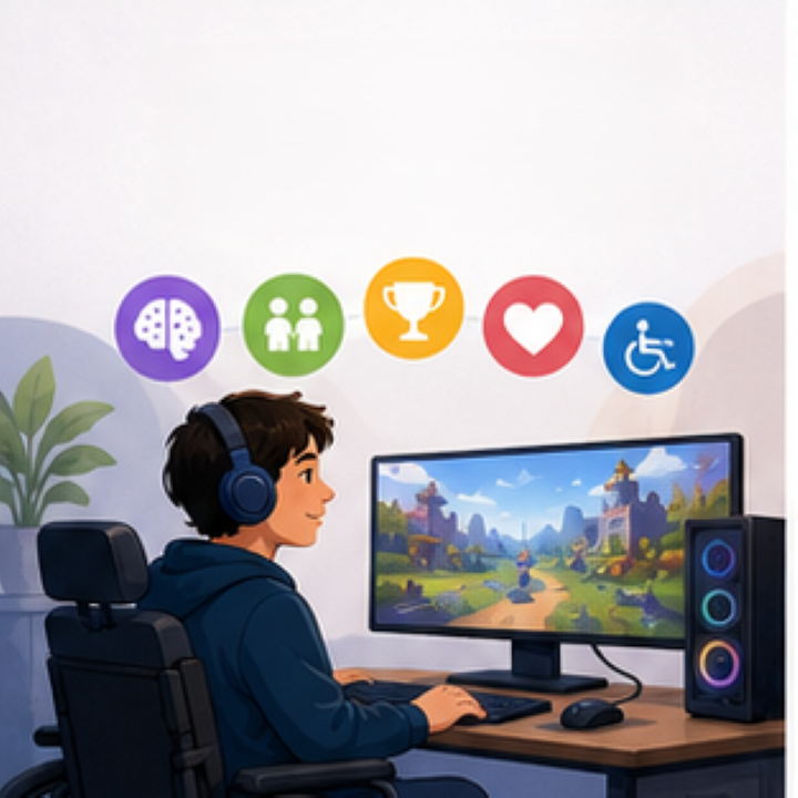 An autistic young adult using a gaming setup with subtle indicators of learning, connection, and achievement.