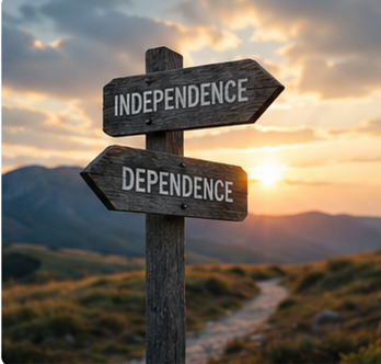 A signpost points in two directions, labelled "Independence" and "Dependence," symbolising how accessible digital information can determine whether people can complete everyday tasks on their own.