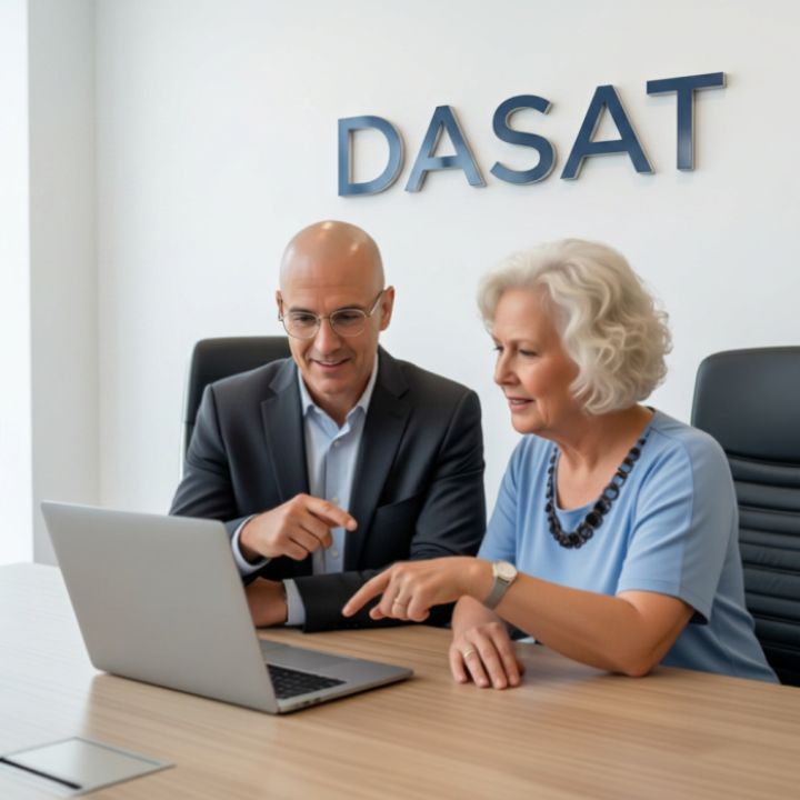 A man and a woman are sitting at a desk looking at a laptop.