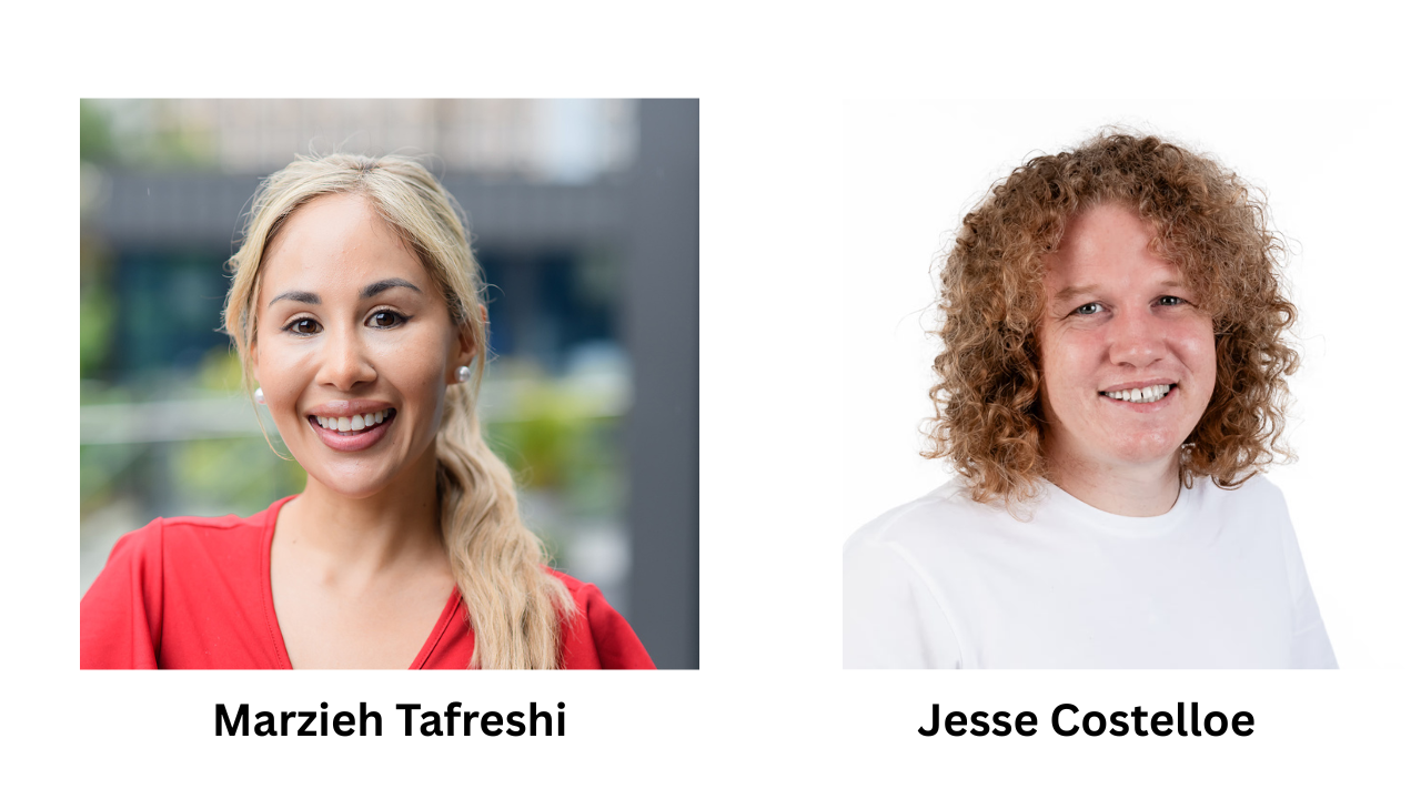 Marzieh Tafreshi is sitting in a garden. Jesse Costelloe is wearing a white T-Shirt