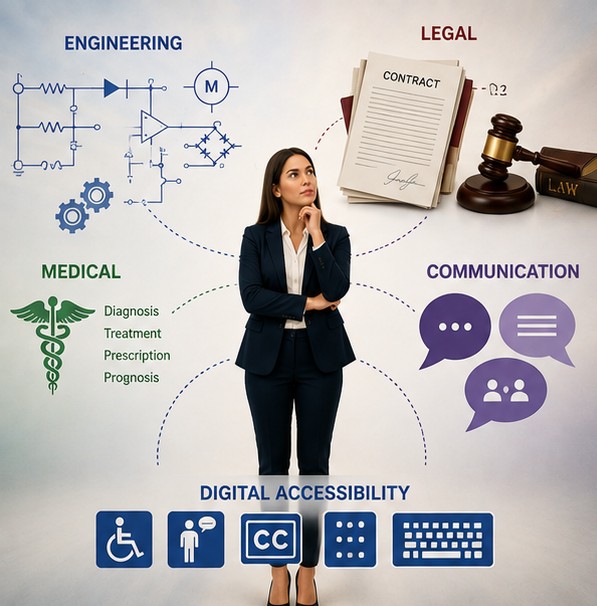 A businessperson standing between different communication symbols: engineering symbols, legal documents, medical terminology, speech bubbles and digital accessibility symbols.