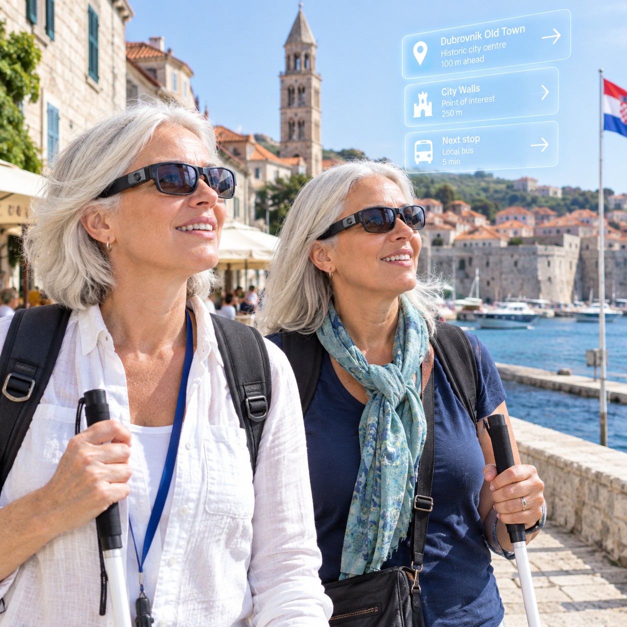 2 vision impaired Women are travelling and using smart AI glasses