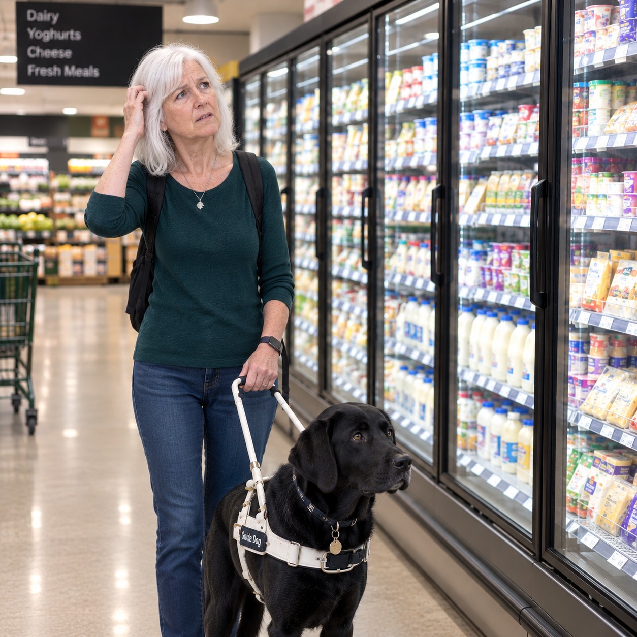 A lady with a black guide dog are standing in a shop looking at the dairy section.